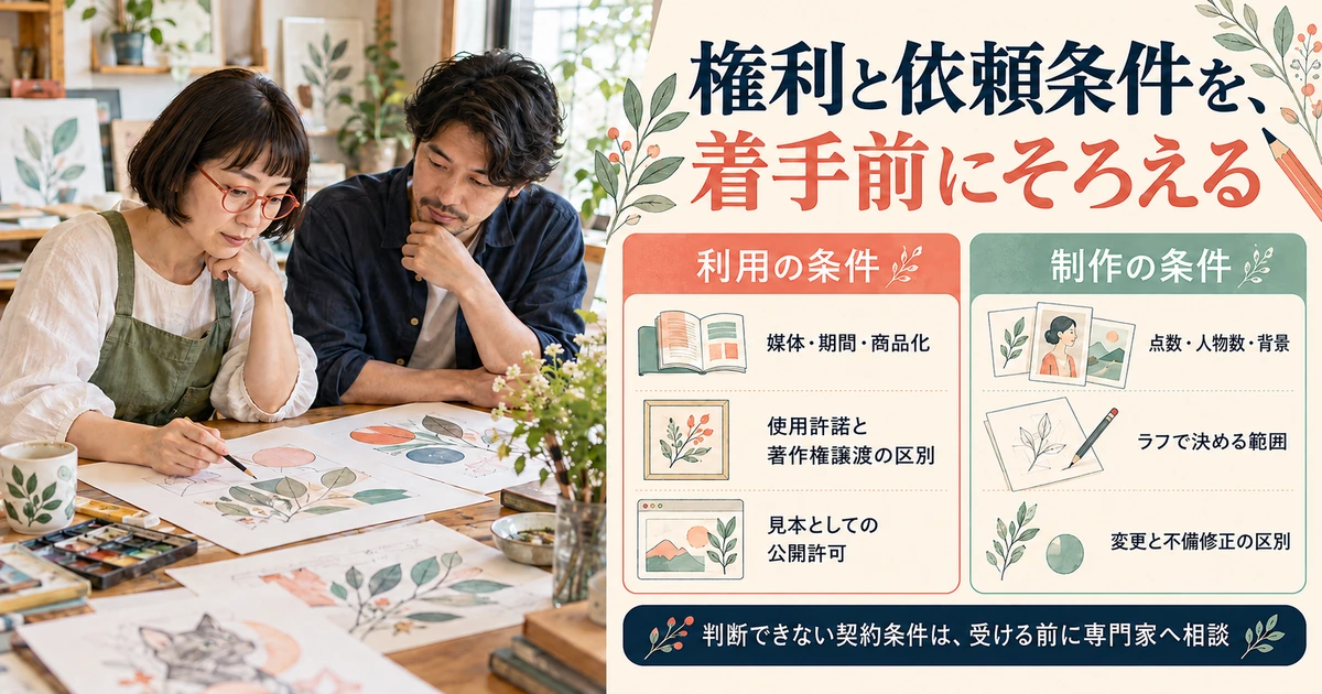 利用目的や著作権譲渡・制作範囲・修正・公開許可を確認する