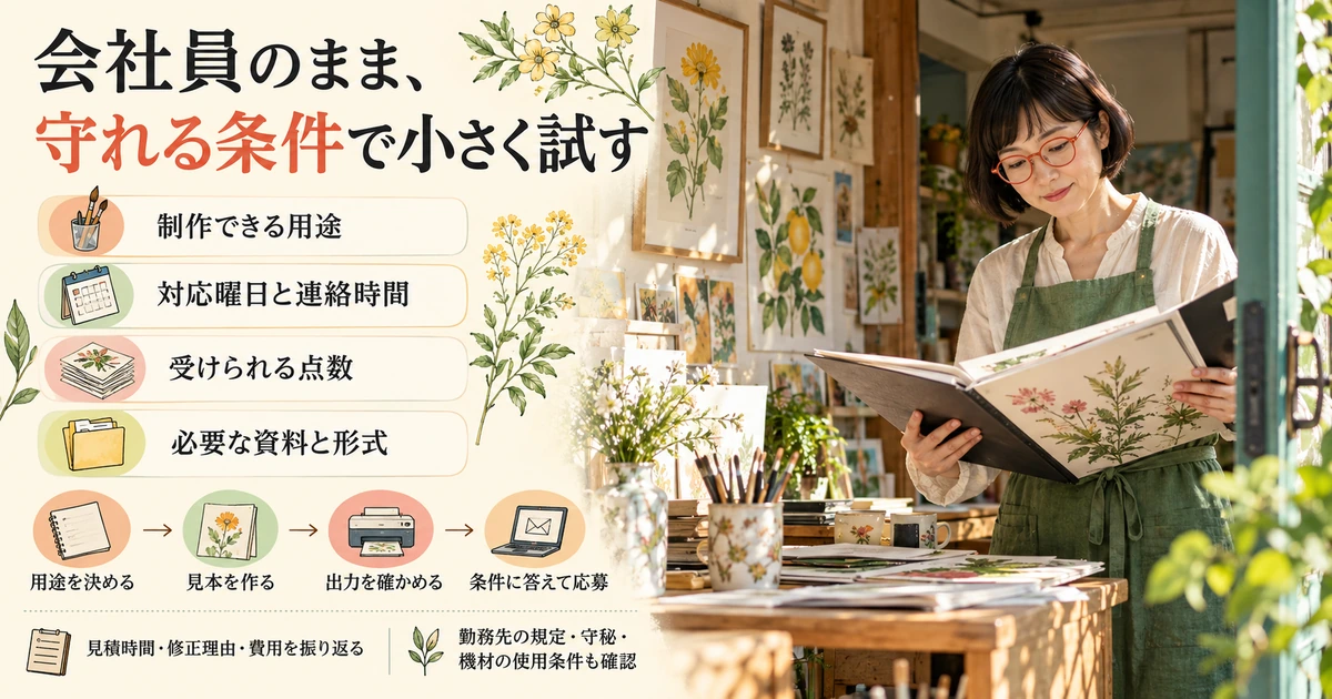 用途・曜日・点数・必要資料を絞り、見本を試して応募条件を判断する