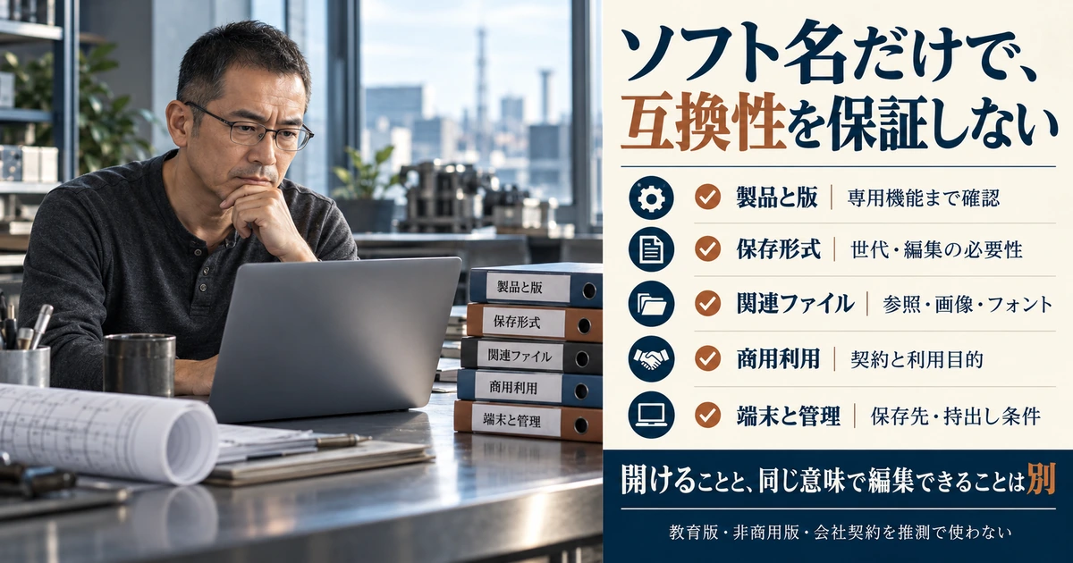 CADソフトの版・形式・関連ファイル・商用利用・管理条件を確認する