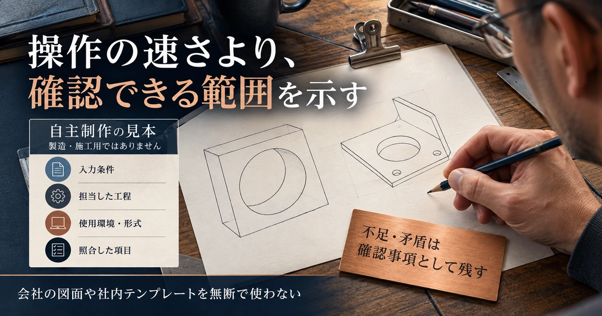 CADの自主制作見本に条件・担当工程・照合方法・不足情報を添える