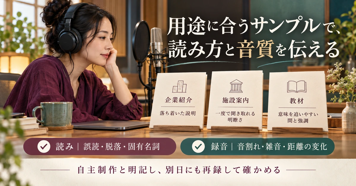 用途別の自主ボイスサンプルで読みと音質を別々に確認する