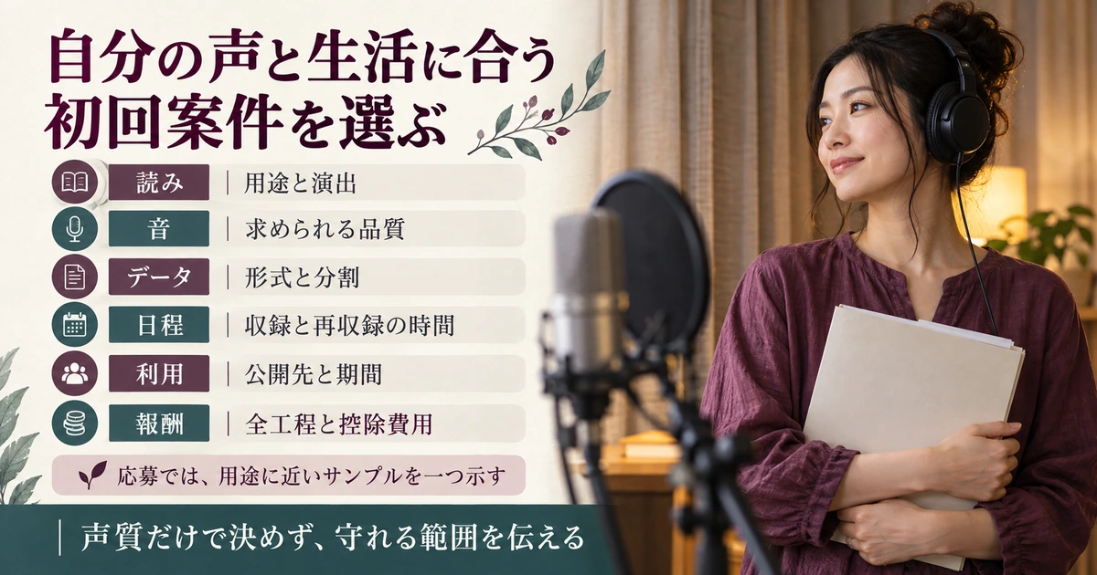 声質だけでなく読み・音・データ・日程・利用・報酬を見て初回案件を選ぶ