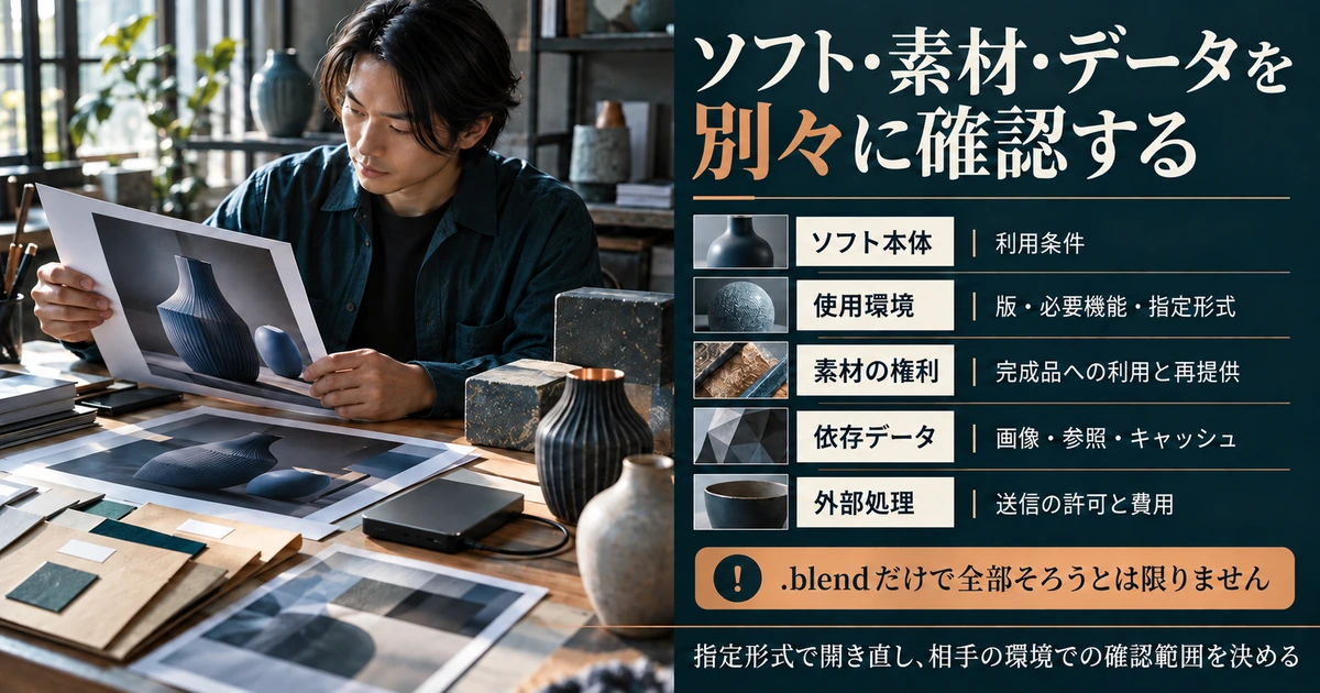 Blender本体・素材の権利・使用版・外部データ・外部処理を個別確認する