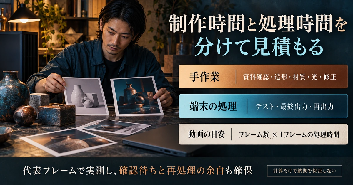 手作業とレンダリング処理を分けて記録し、代表フレームで納期を検算する