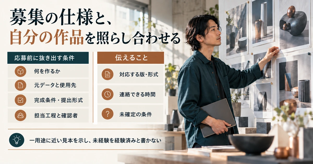 募集仕様と近い自主制作を照らし合わせ、担当工程・環境・予定・未確認事項を伝える