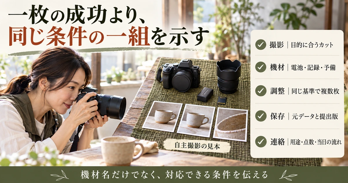 用途に近い写真一組と機材・予備・調整・保存の準備を確認する