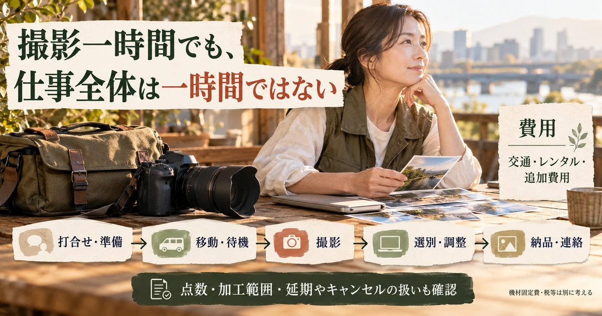 撮影外の打合せ・準備・移動・選別調整・納品と費用を含めて見積もる