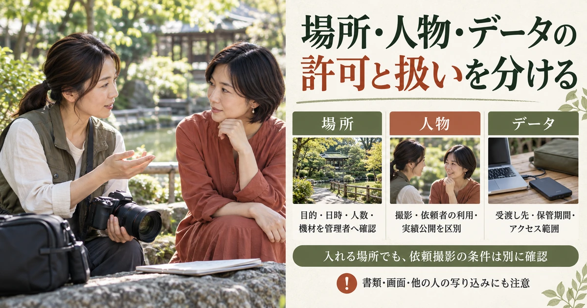 場所の撮影ルール・人物の利用同意・写真データの共有範囲を分けて確認する