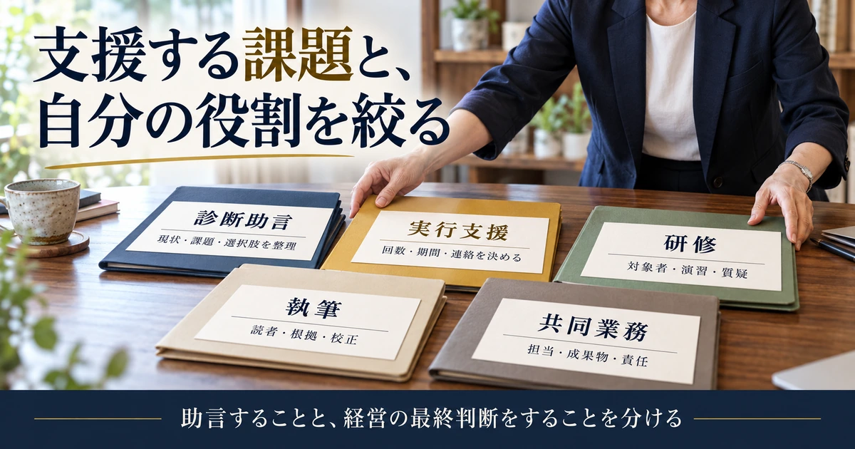 診断助言・実行支援・研修・執筆・共同業務の役割と範囲を分ける
