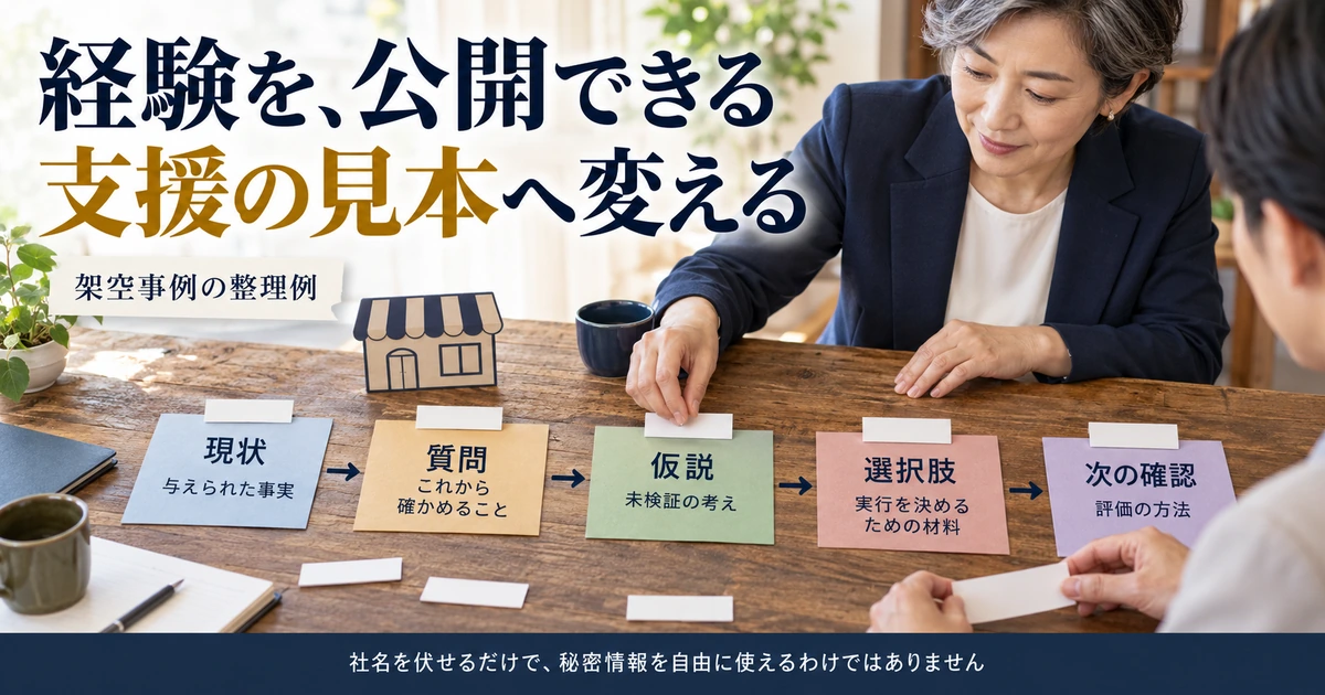 公開可能な経験を架空事例にし、事実・質問・仮説・選択肢・確認を分けて示す