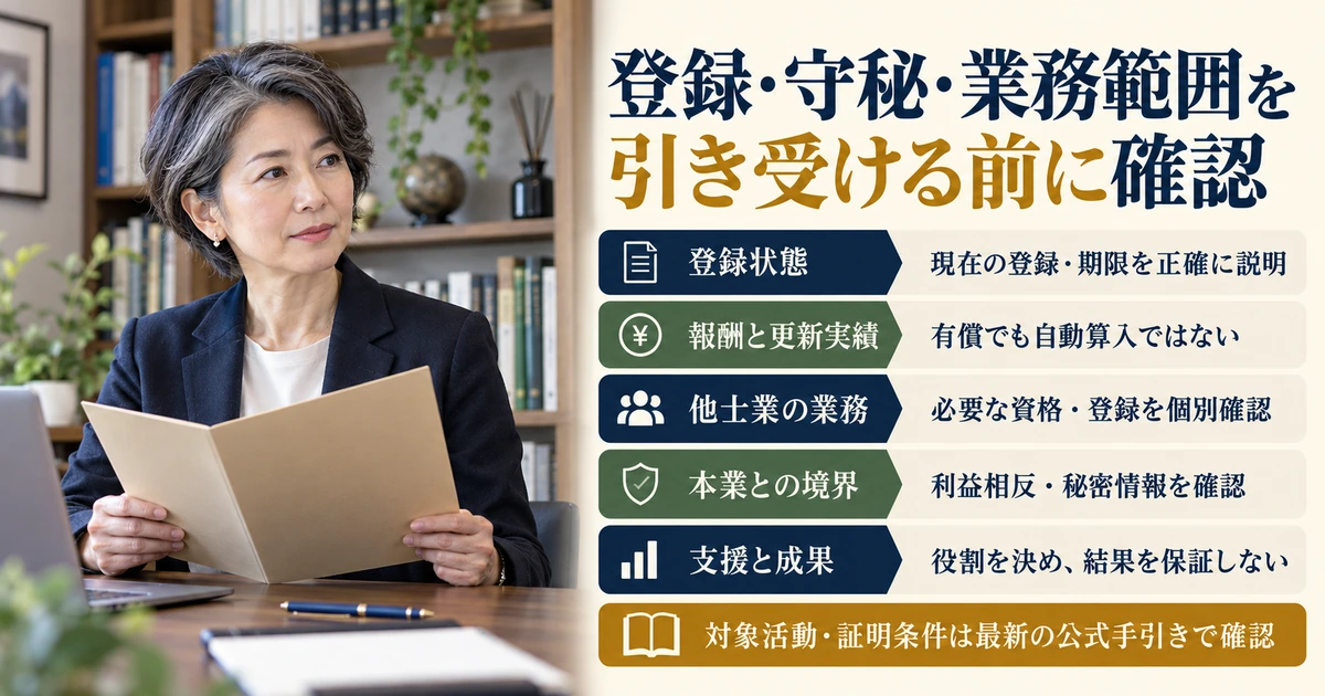 登録状態・報酬と更新実績・他士業業務・守秘・成果保証を区別する