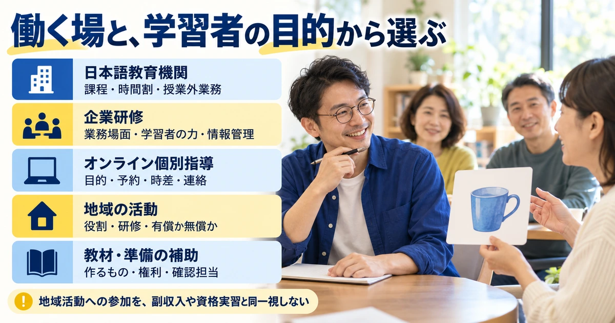 日本語教育機関、企業、オンライン、地域活動、教材補助の条件を比べる