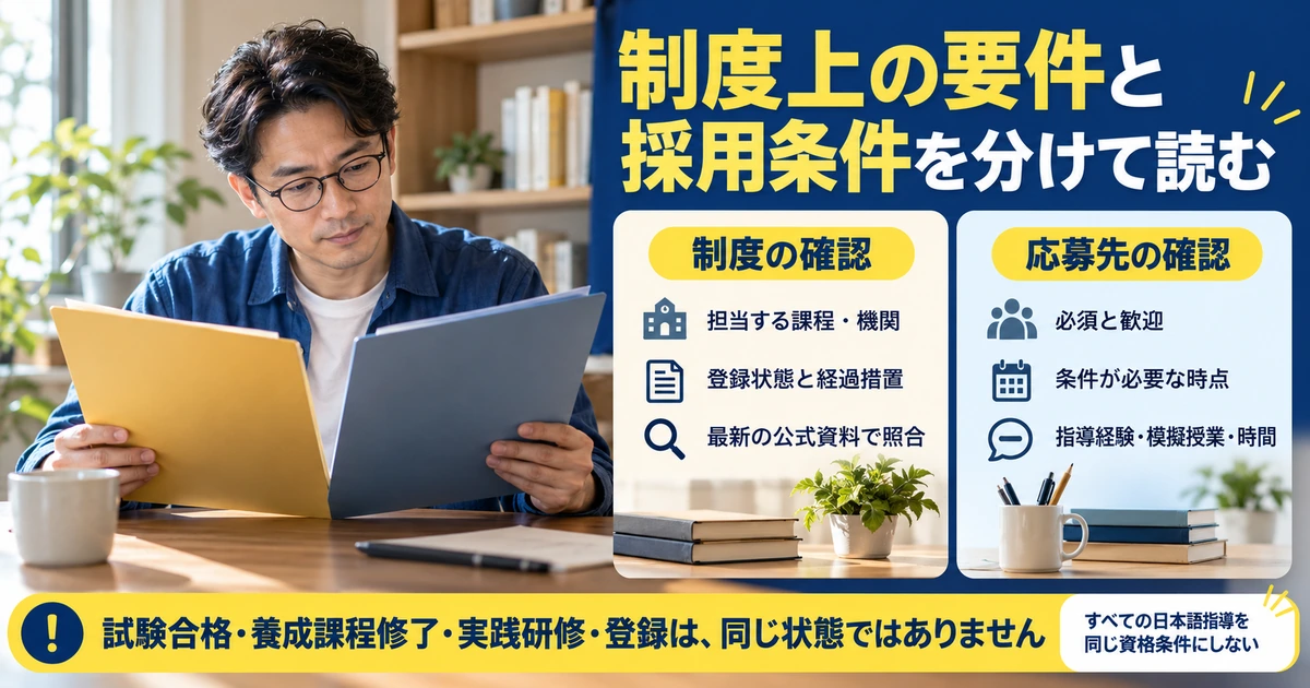 制度上の要件と応募先の条件を分け、試験合格や修了と登録を区別する