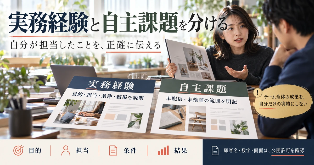 広告運用の実務経験と自主課題を分け、目的、担当、条件、結果と公開許可を確認する見本図