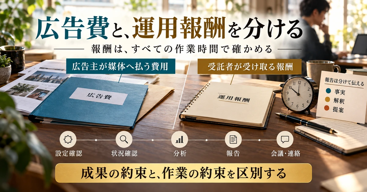 広告費と運用報酬を区別し、設定確認、状況確認、分析、報告、会議連絡の時間を含めて考える図