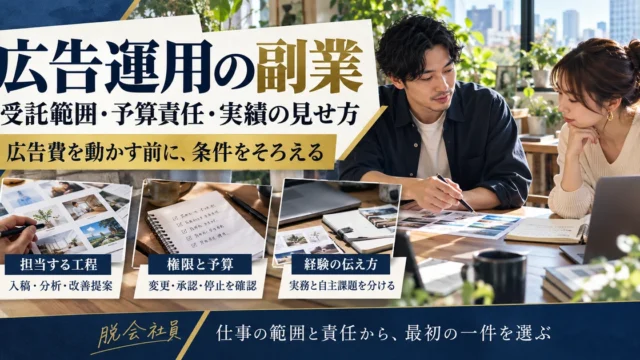 広告運用の副業で担当工程、権限と予算、実務経験の伝え方を確認する準備図
