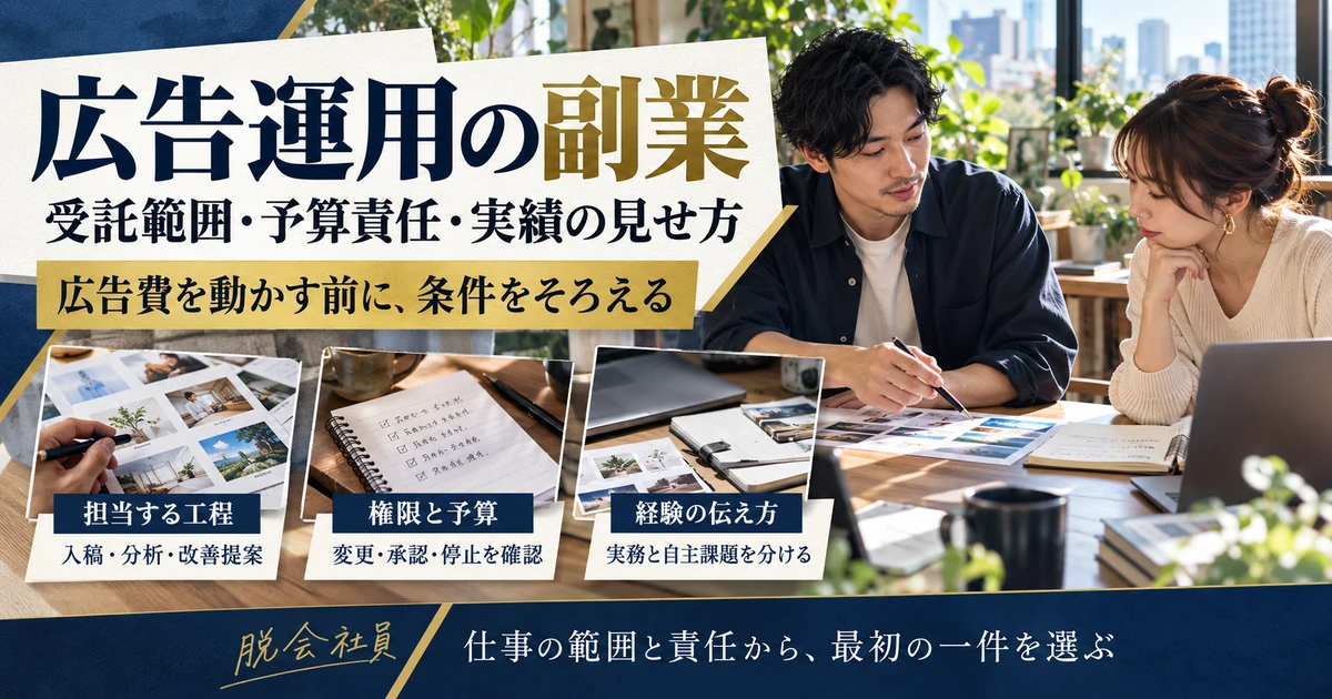 広告運用の副業で担当工程、権限と予算、実務経験の伝え方を確認する準備図