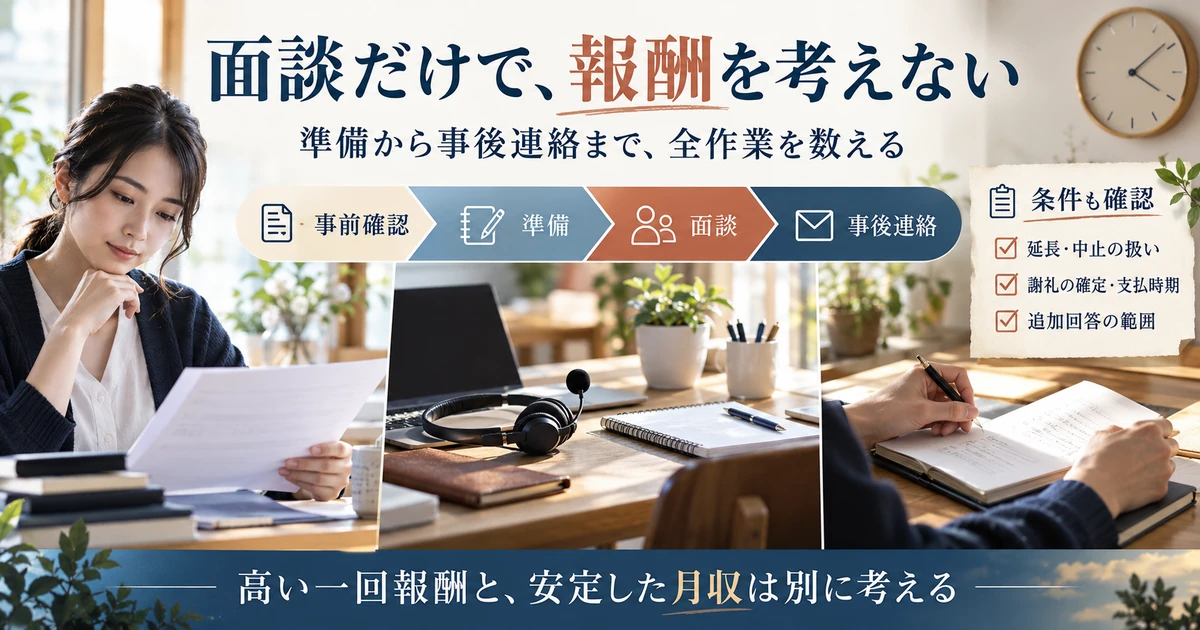 事前確認、準備、面談、事後連絡の時間と謝礼条件をまとめて考える図