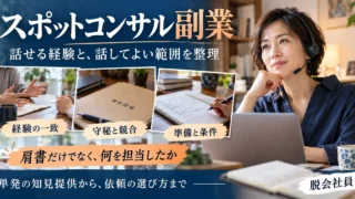 スポットコンサル副業の経験の一致、守秘と競合、準備と条件を写真で整理した案内