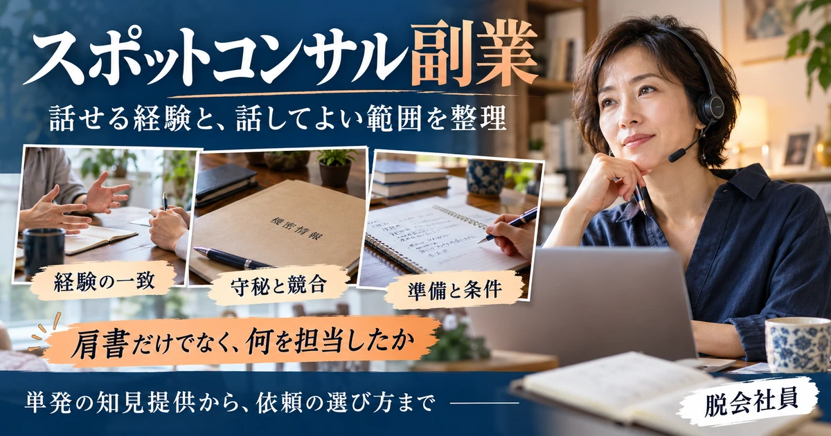 スポットコンサル副業の経験の一致、守秘と競合、準備と条件を写真で整理した案内