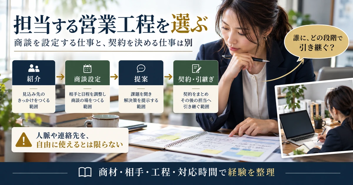 紹介、商談設定、提案、契約引継ぎの担当工程を分け、引継ぎ先と人脈利用の条件を確認する図