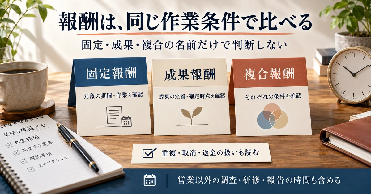 固定、成果、複合報酬を対象作業と成果確定条件で比較する図