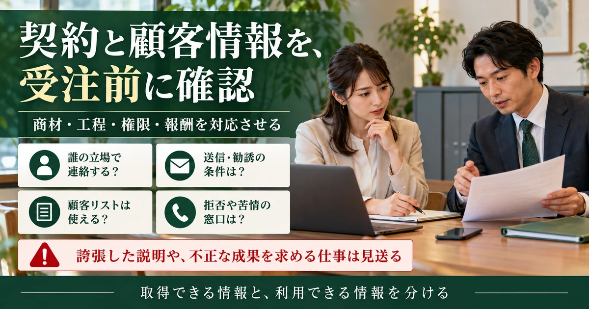 営業代行の契約、顧客情報、送信勧誘条件、拒否や苦情への窓口を確認する図
