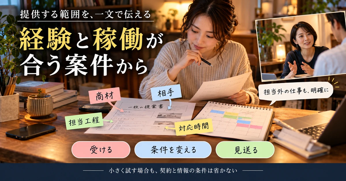 商材、相手、担当工程、対応時間を提案書へまとめ、受ける、条件変更、見送りを選ぶ図