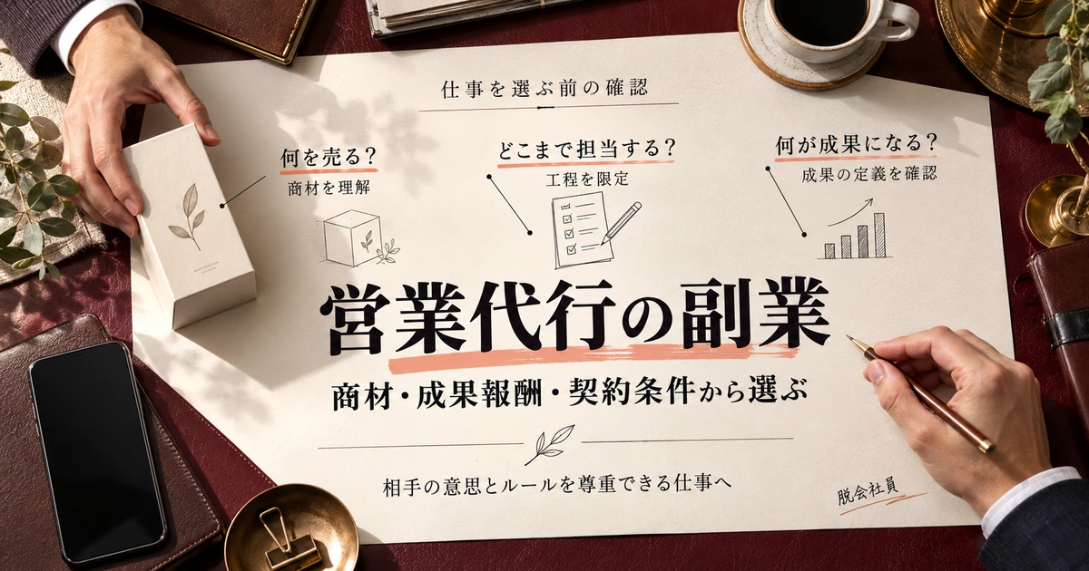 営業代行の副業を選ぶ前に、商材、担当工程、成果の定義を確認する俯瞰の計画図