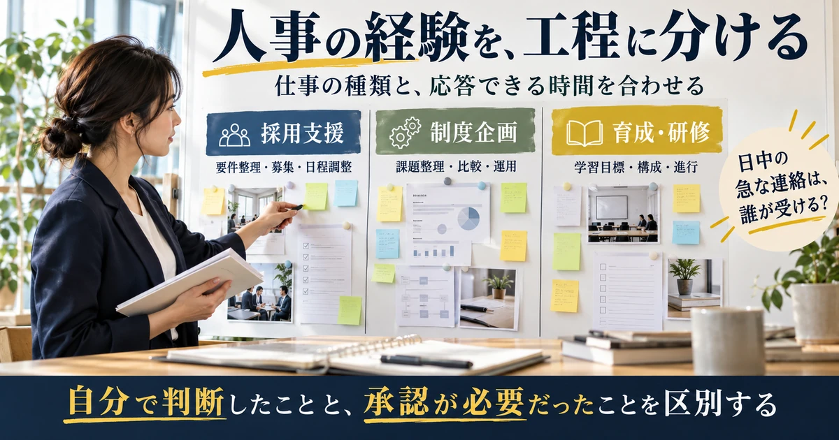 人事経験を採用支援、制度企画、育成研修の工程と応答時間で整理する図