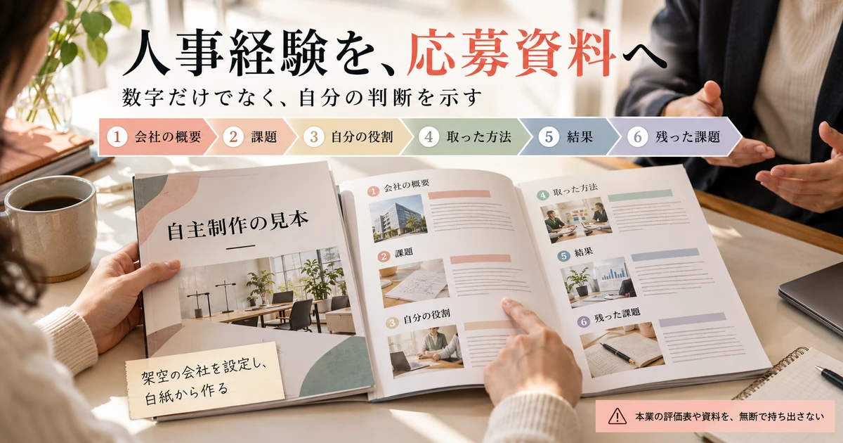 会社概要、課題、自分の役割、方法、結果、残った課題の順で人事経験を応募資料へまとめる図