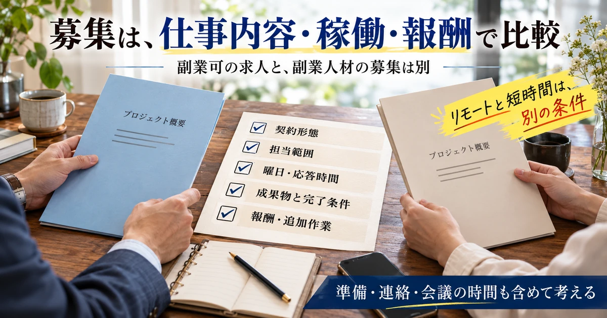 人事副業の募集を契約形態、担当範囲、応答時間、成果物、報酬で比較する図
