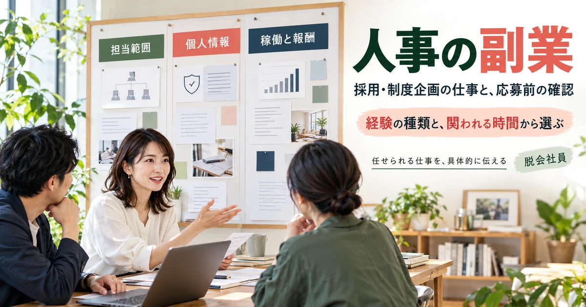 人事副業の担当範囲、個人情報、稼働と報酬を整理して話し合う計画の図