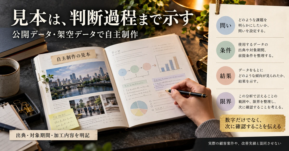 公開データや架空データの見本で、問い、条件、結果、限界と出典を示す構成図