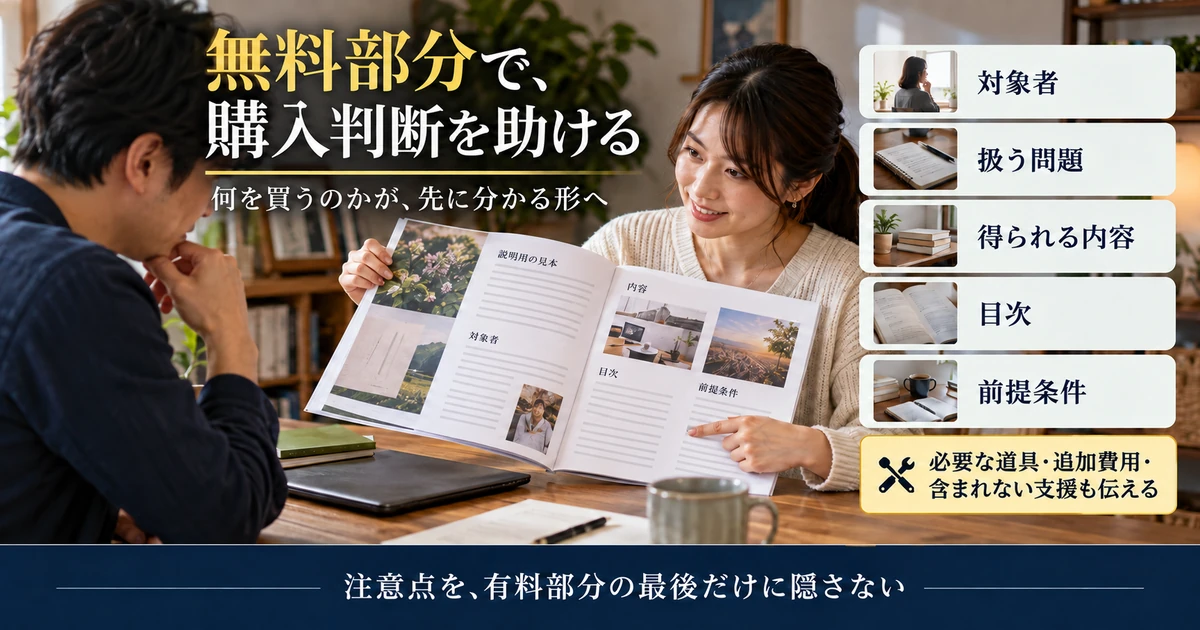 noteの無料部分で対象者・内容・目次・前提条件を示す