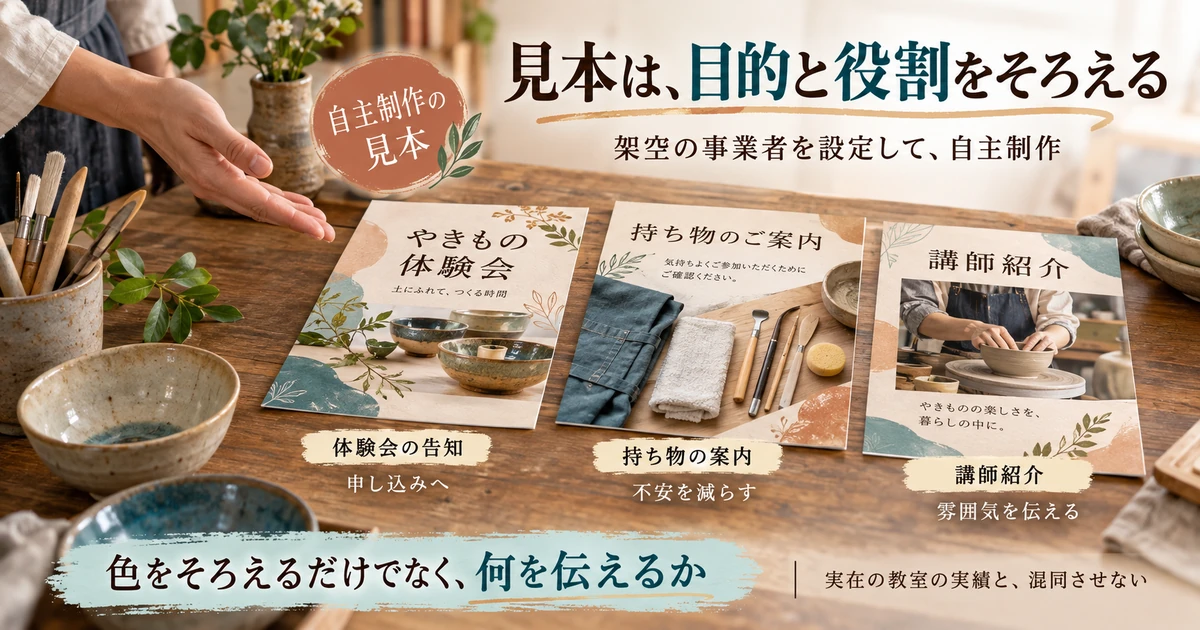 架空のやきもの体験会の自主制作見本で告知・持ち物・講師紹介の目的をそろえる