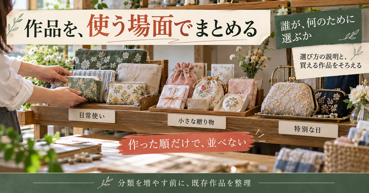 ハンドメイド商品を日常使い・小さな贈り物・特別な日という使用場面でまとめる