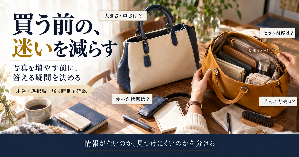 ハンドメイド商品の大きさ・使用状態・セット内容・手入れ方法を説明する