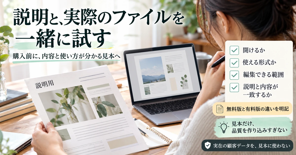 商品説明と実際のファイルを開き形式・編集範囲・説明との一致を試す