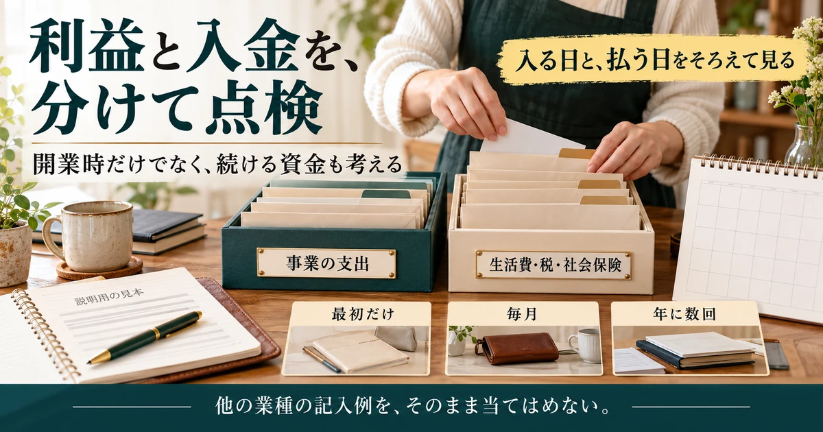 事業支出と生活費・税・社会保険を分けて利益と入金を点検する