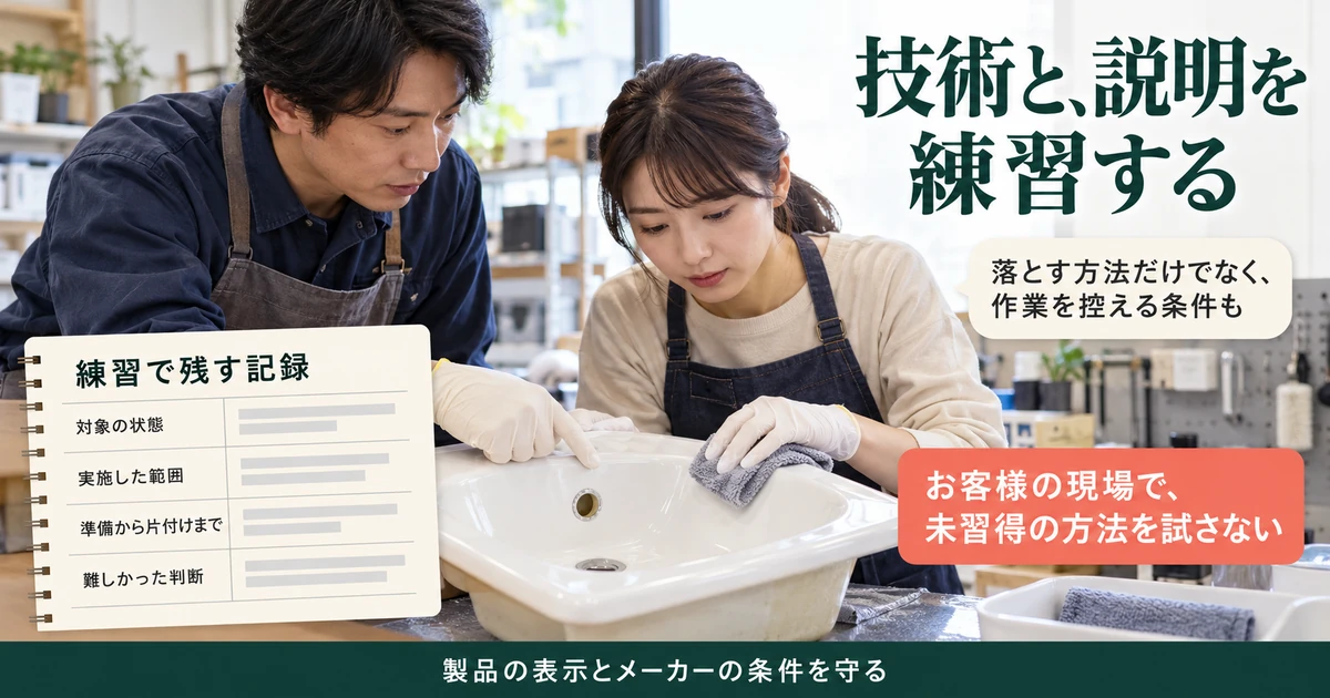 練習用の洗面器で清掃の技術と説明を学び状態・範囲・時間・判断を記録する