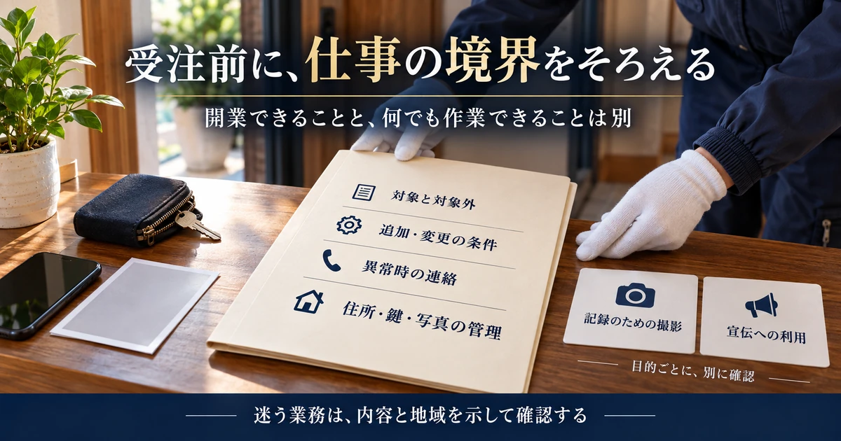 清掃の対象外・追加条件・異常連絡・住所鍵写真管理を受注前に確認する