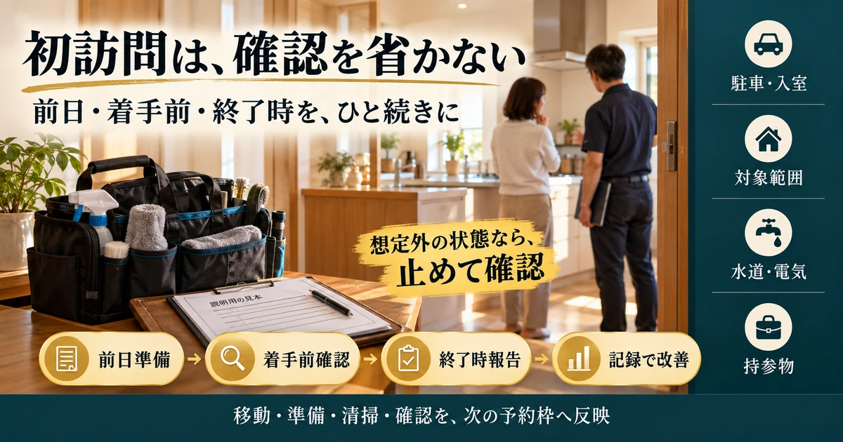 清掃の初訪問を前日準備・着手前確認・終了時報告・記録で改善の順で進める