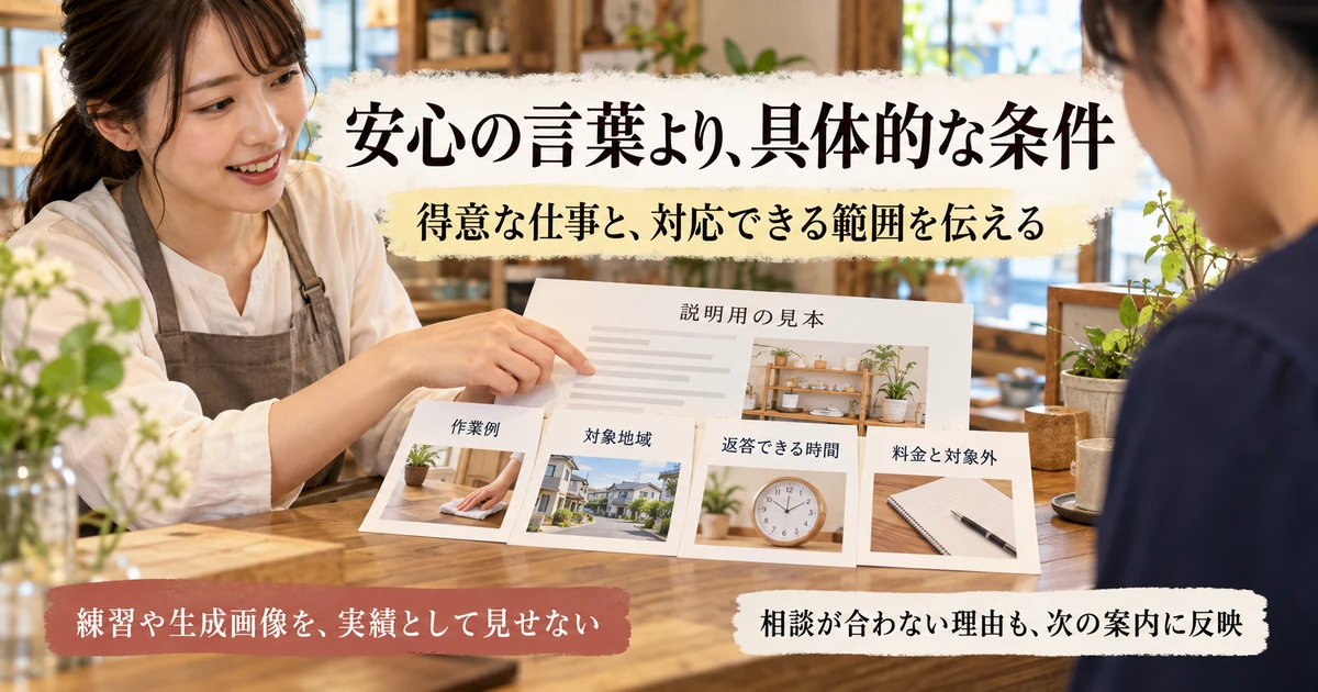 便利屋の作業例・地域・返答時間・料金と対象外を具体的に案内する