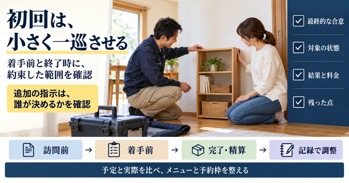 便利屋の初訪問を訪問前・着手前・完了精算・記録調整の順で確認する