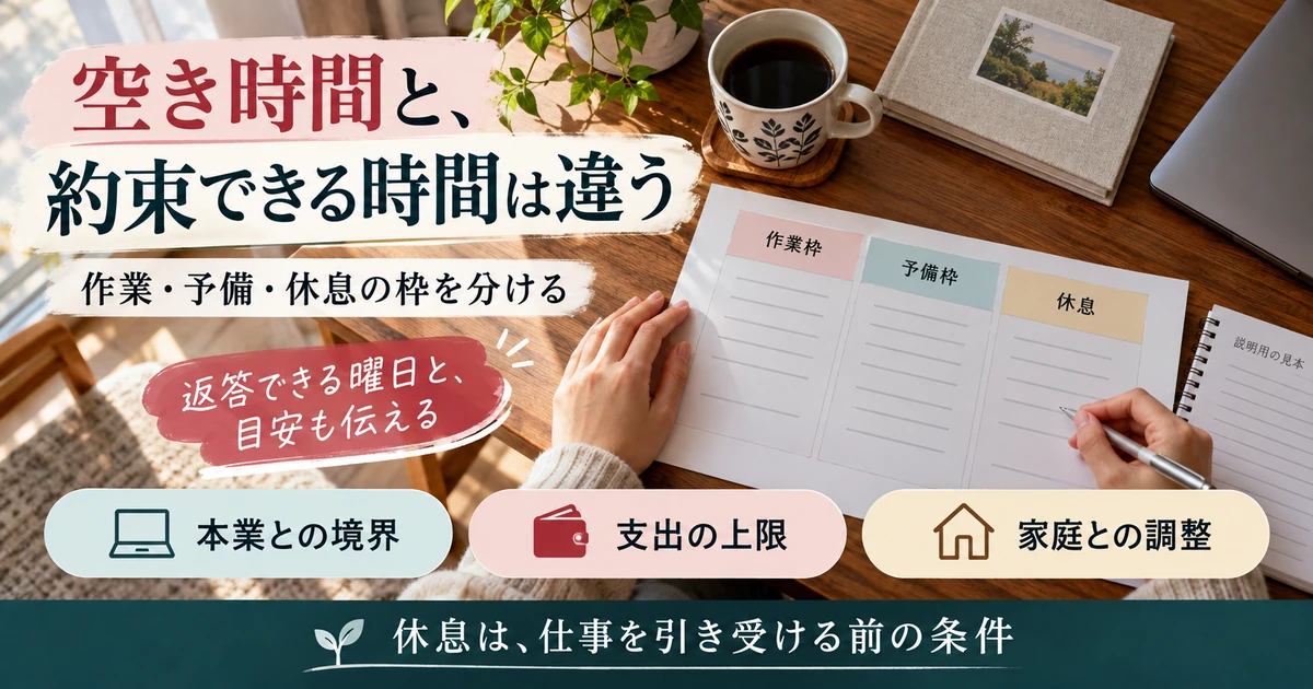 週末起業の作業枠・予備枠・休息と本業・支出・家庭の条件を決める