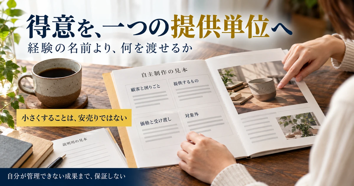 経験を顧客の困りごとと提供物・価格・受渡し・対象外に分けて小さな商品にする