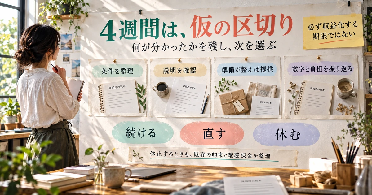 仮の四週間で条件・説明・提供・数字と負担を振り返り続けるか直すか休むか選ぶ