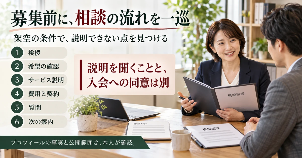 架空の模擬面談で挨拶から希望・サービス・費用契約・質問・次の案内を確認する