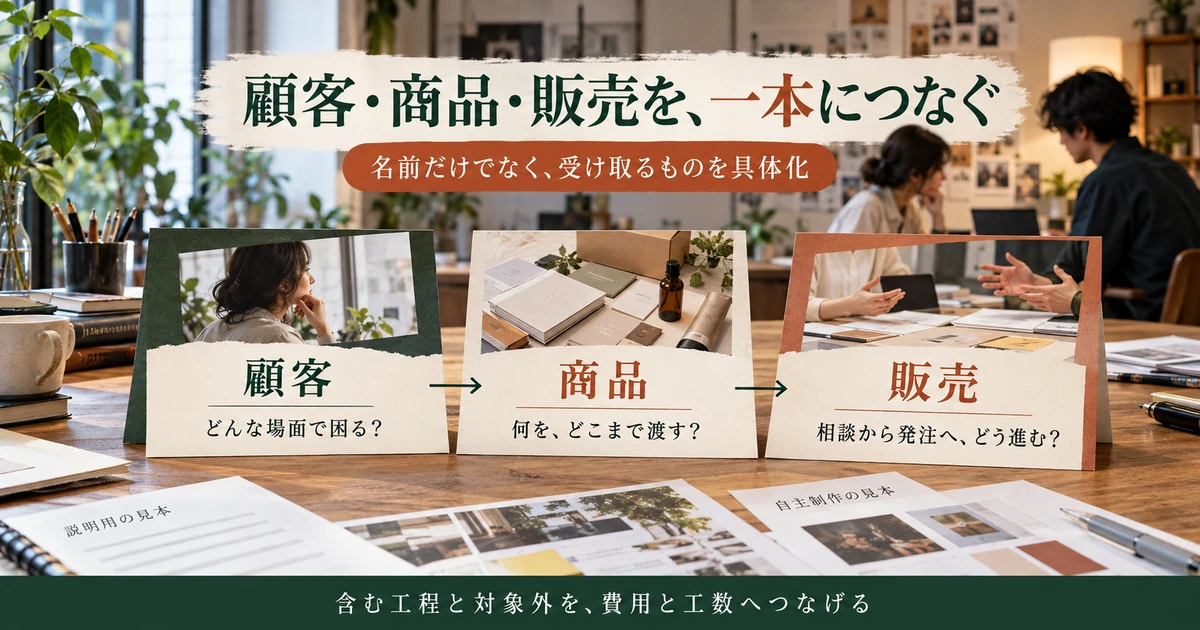 事業計画の顧客の困りごと・提供する商品・相談から発注までの販売をつなぐ